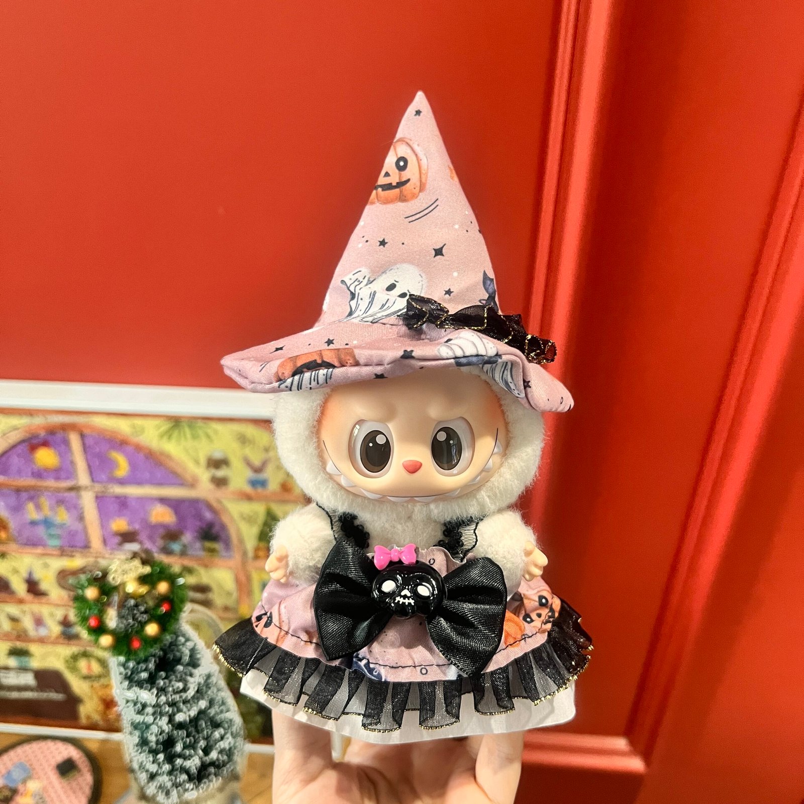 LBBWSJ0003 Labubu Halloween Outfit | Pink Witch Costume with Pumpkin Hat and Bow Dress - Image 1